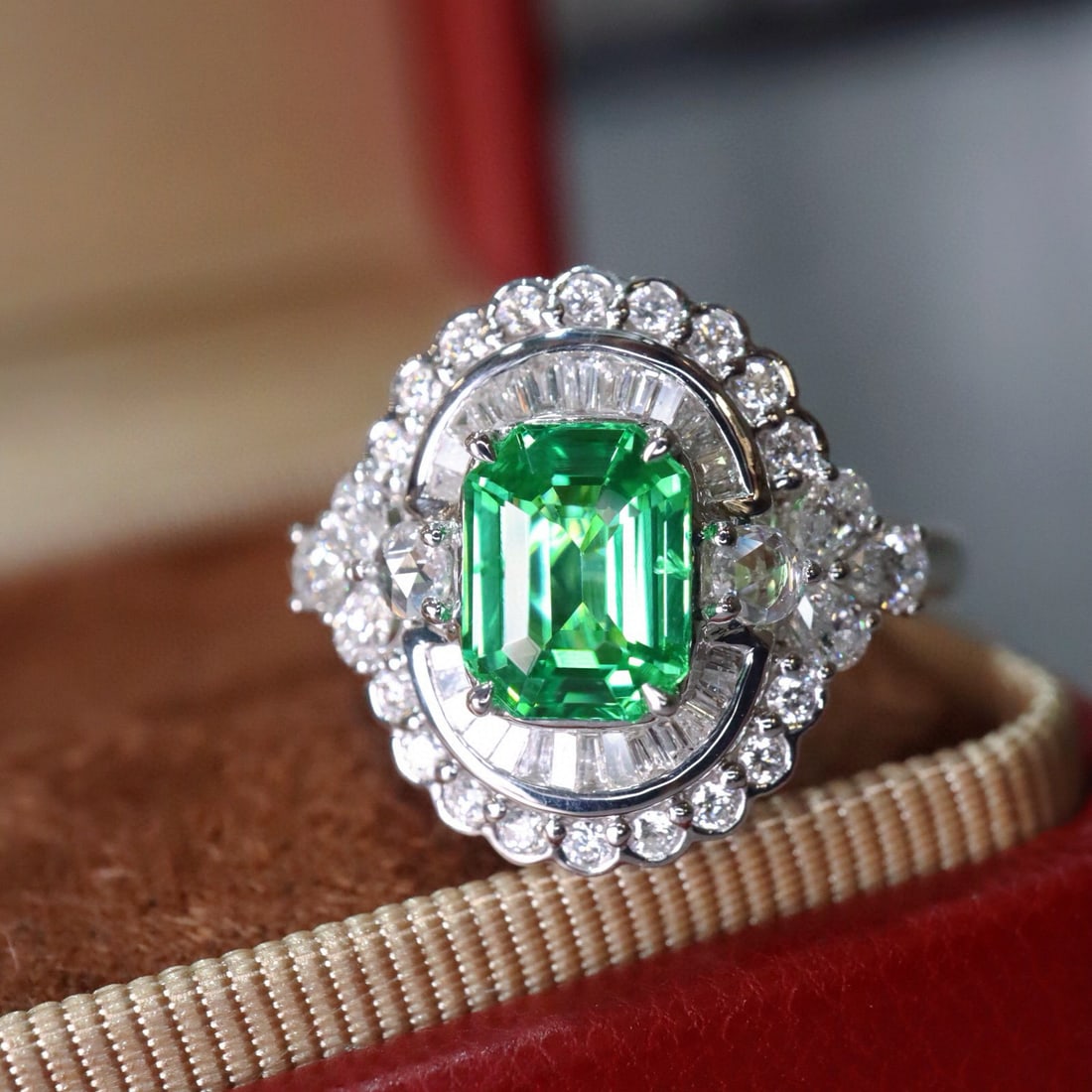 14k Gold 2.25 Ctw Natural Tsavorite & Diamond Ring: Ref:230989195 // gold content:14k gold // ring size:7. 25us // // main gemstone:tsavorite // shape:emerald // carat weight:1. 50ct // color:green // treatment:natural // cut grade:g // // adjacent