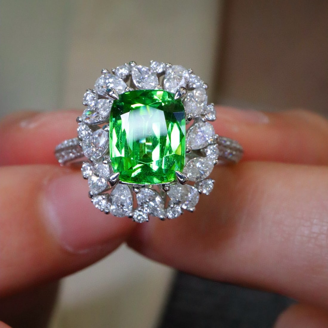 14k Gold 3.26 Ctw Natural Tsavorite & Diamond Ring: Ref:230989210 // gold content:14k gold // ring size:7. 25us // // main gemstone:tsavorite // shape:cushion // carat weight:2. 13ct // color:green // treatment:natural // cut grade:g // // adjacent gem