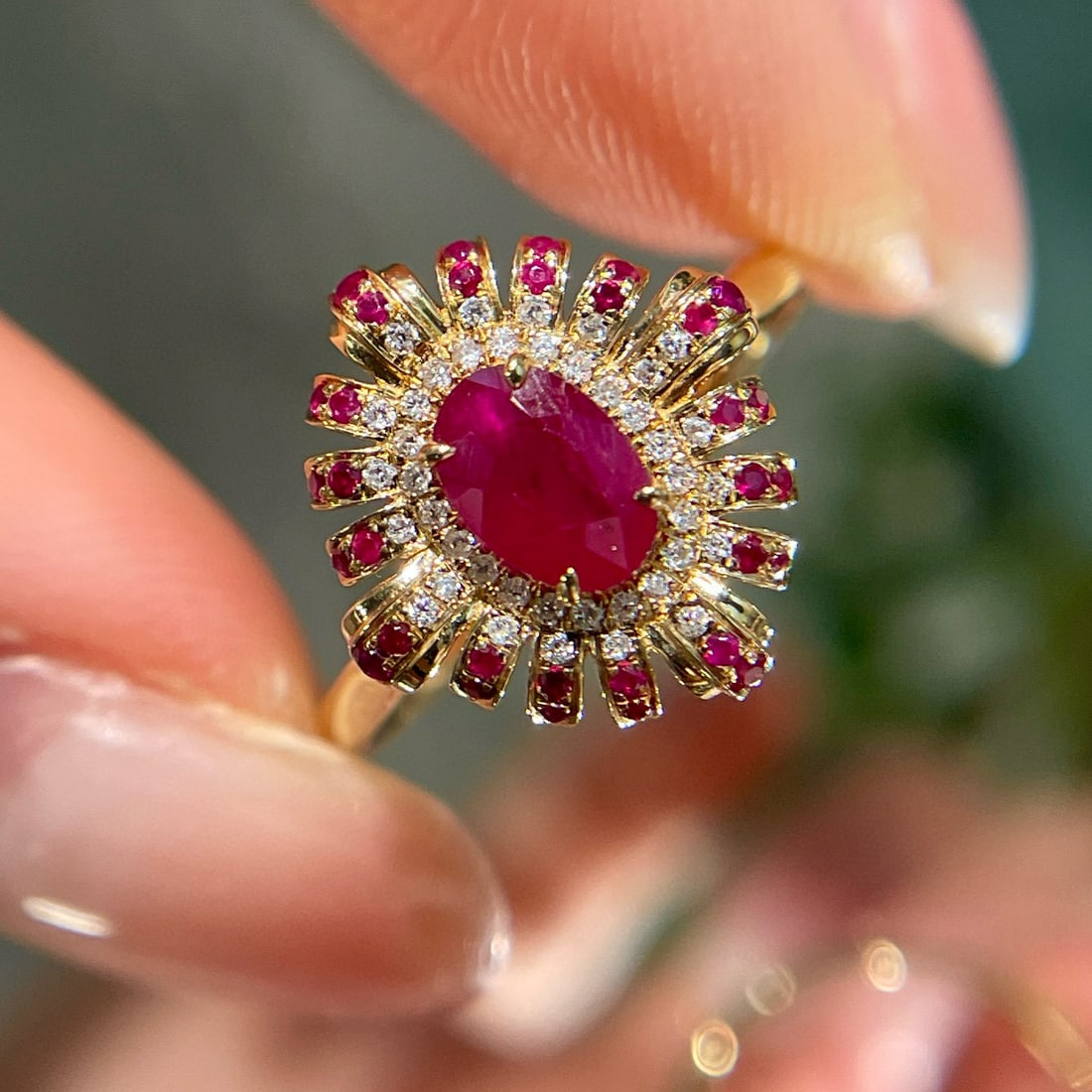 14k Gold 0.50 Ct Natural Ruby & Diamond Ring: Ref:230989216 // gold content:14k gold // ring size:7. 25us // // main gemstone:ruby // shape:oval // carat weight:0. 50ct // color:red // treatment:natural // cut grade:g // // adjacent gemstone 2 :