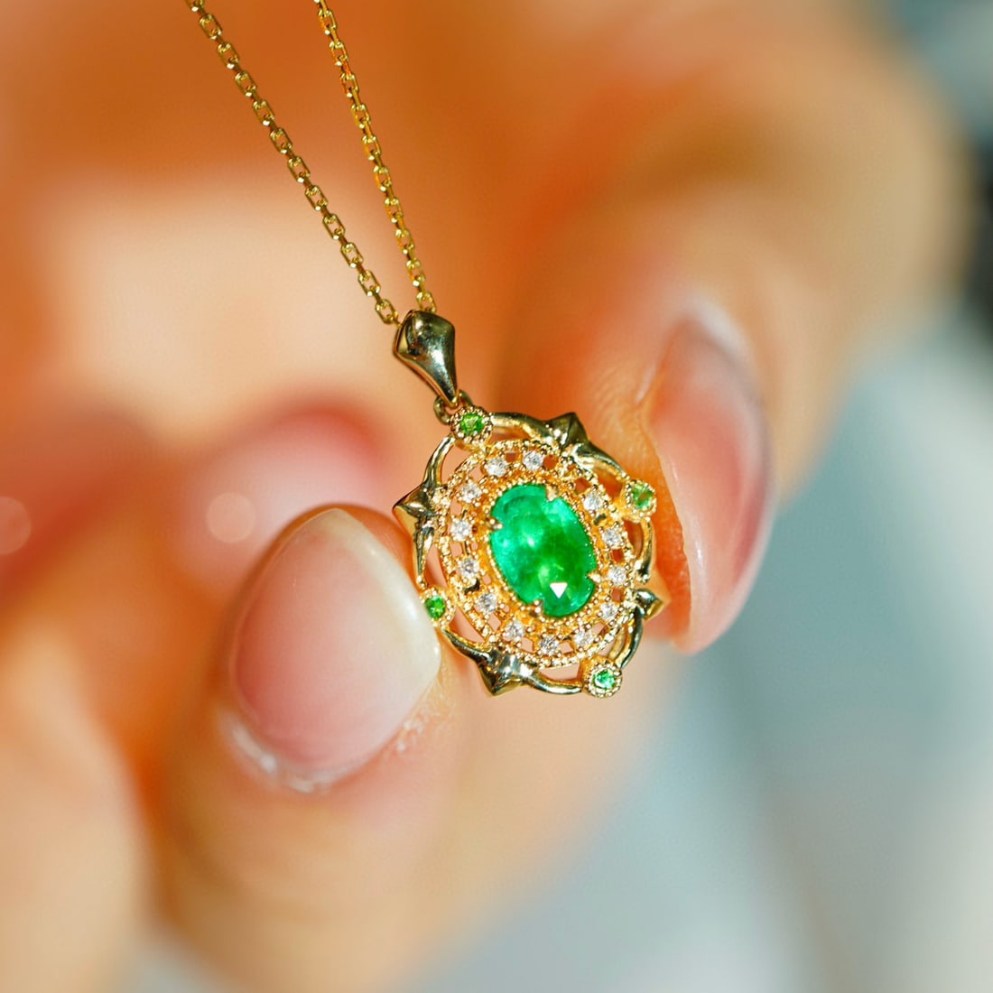 14k Gold 0.40 Ct Natural Emerald & Diamond Pendant( Without Chain ) - 3