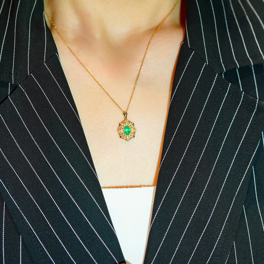 14k Gold 0.40 Ct Natural Emerald & Diamond Pendant( Without Chain ) - 4