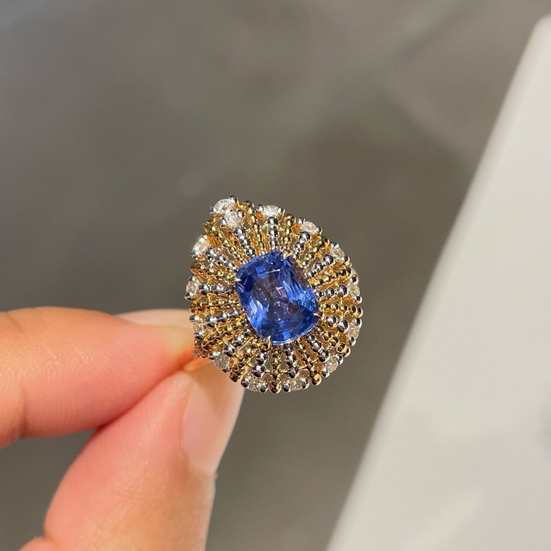 14k Gold 1.88 Ct Natural Sapphire & Diamond Ring: Ref:230989222 // gold content:14k gold // ring size:7. 25us // // main gemstone:sapphire // shape:cushion // carat weight:1. 88ct // color:blue // treatment:natural // cut grade:g // // adjacent