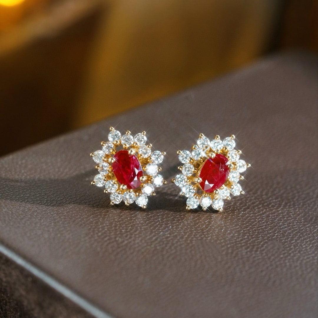 14k Gold 1.90 Ctw Natural Ruby & Diamond Earrings: Ref:230989225 // gold content:14k gold // main gemstone:ruby // shape:oval // carat weight:1. 1ct // color:red // treatment:natural // cut grade:g // // adjacent gemstone 2 : diamond // shape:round //