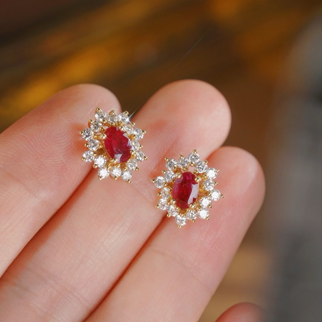 14k Gold 1.90 Ctw Natural Ruby & Diamond Earrings - 8