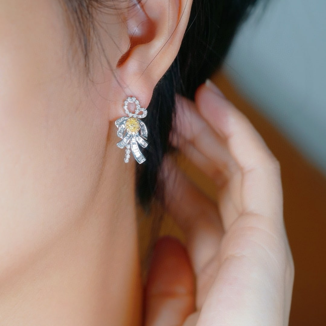 14k Gold 0.90 Ctw Natural Yellow Diamond & Diamond Earrings - 3