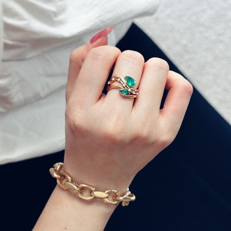 14k Gold 0.89 Ctw Natural Emerald & Diamond Ring - 7