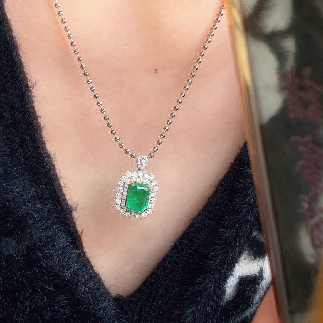 14k Gold 3.55 Ct Natural Emerald & Diamond Pendant( Without Chain ) - 6