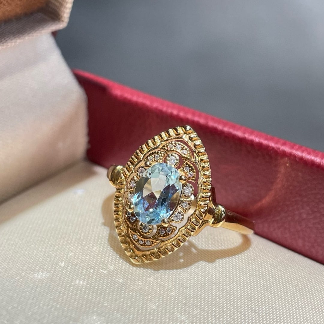 14k Gold 0.6 Ct Natural Aquamarine & Diamond Ring - 2