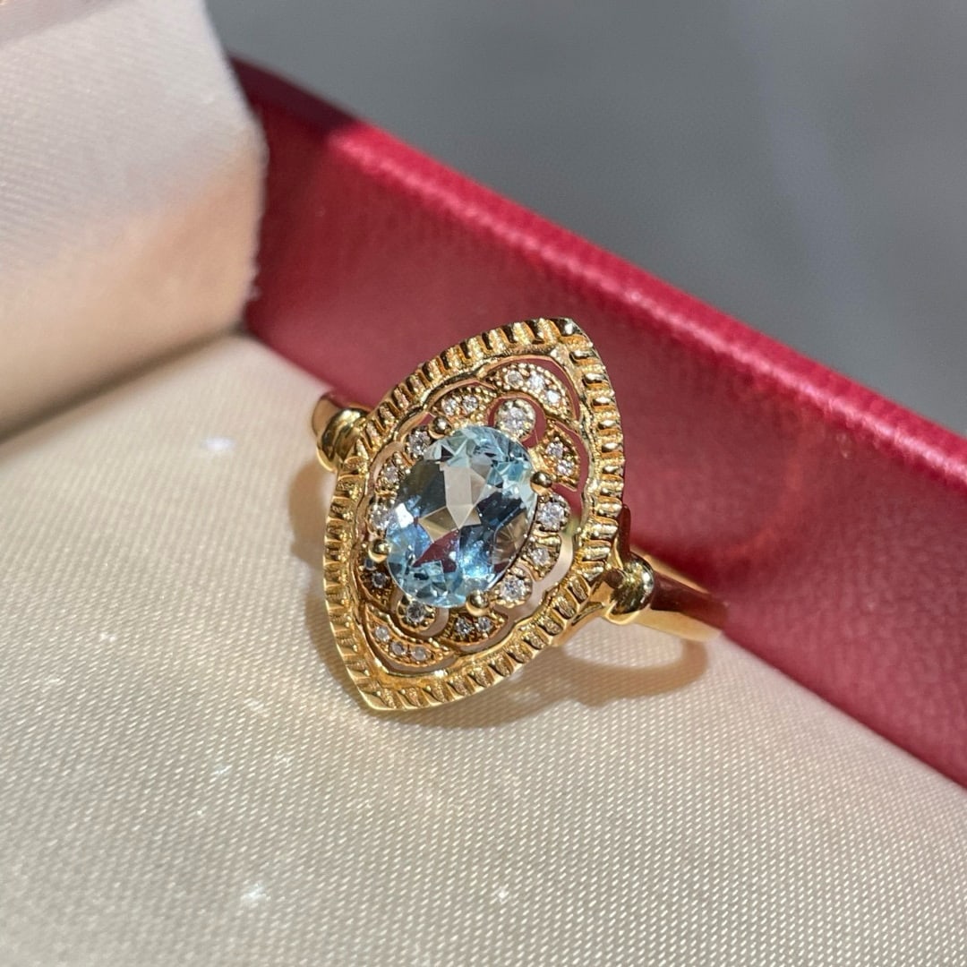 14k Gold 0.6 Ct Natural Aquamarine & Diamond Ring - 5