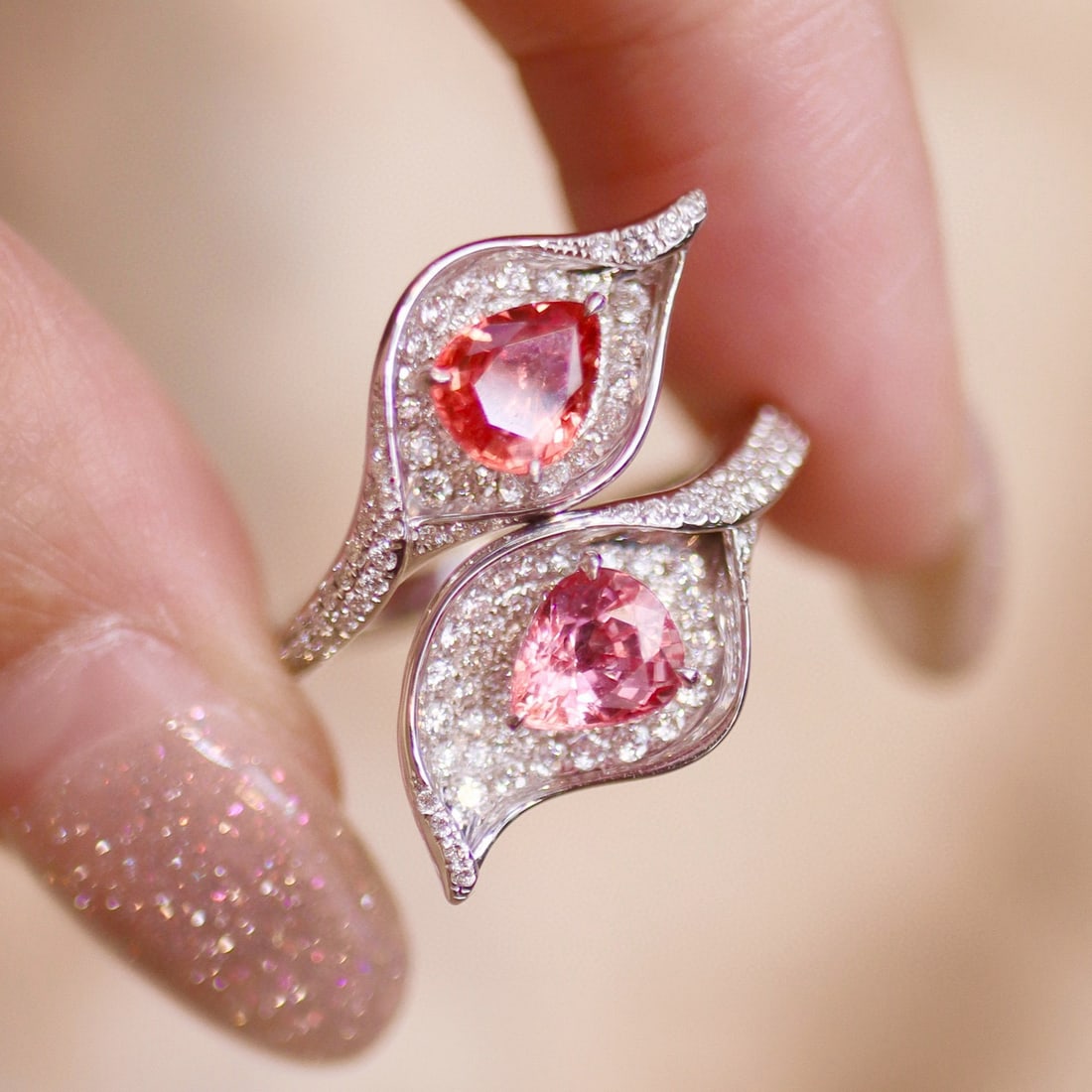 14k Gold 2.94 Ctw Natural Padparadscha Sapphire & Diamond Ring: Ref:230989245 // gold content:14k gold // ring size:7. 25us // // main gemstone:padparadscha sapphire // shape:pear // carat weight:2. 14ct // color:pink // treatment:natural // cut grade:g // // adja