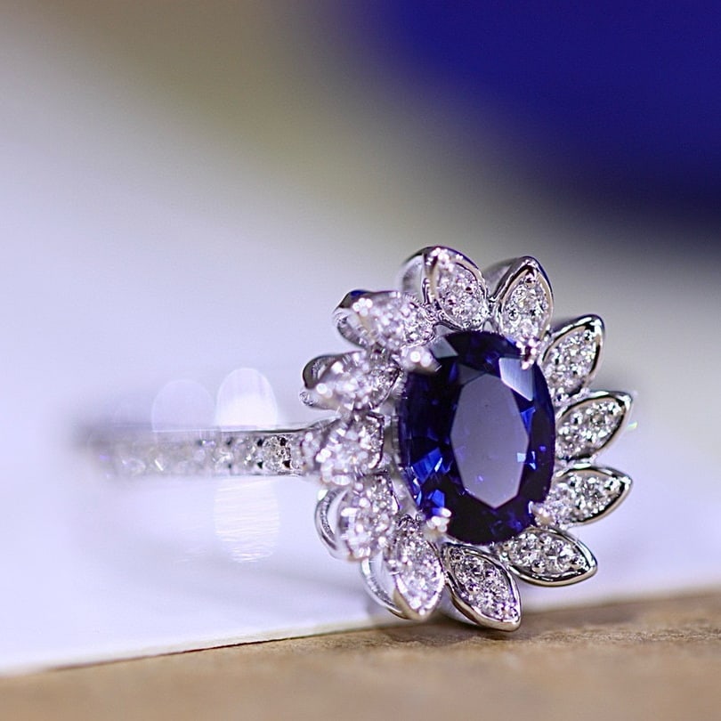 14k Gold 1.39 Ctw Natural Sapphire & Diamond Ring: Ref:230989249 // gold content:14k gold // ring size:7. 25us // // main gemstone:sapphire // shape:oval // carat weight:1. 17ct // color:blue // treatment:natural // cut grade:g // // adjacent
