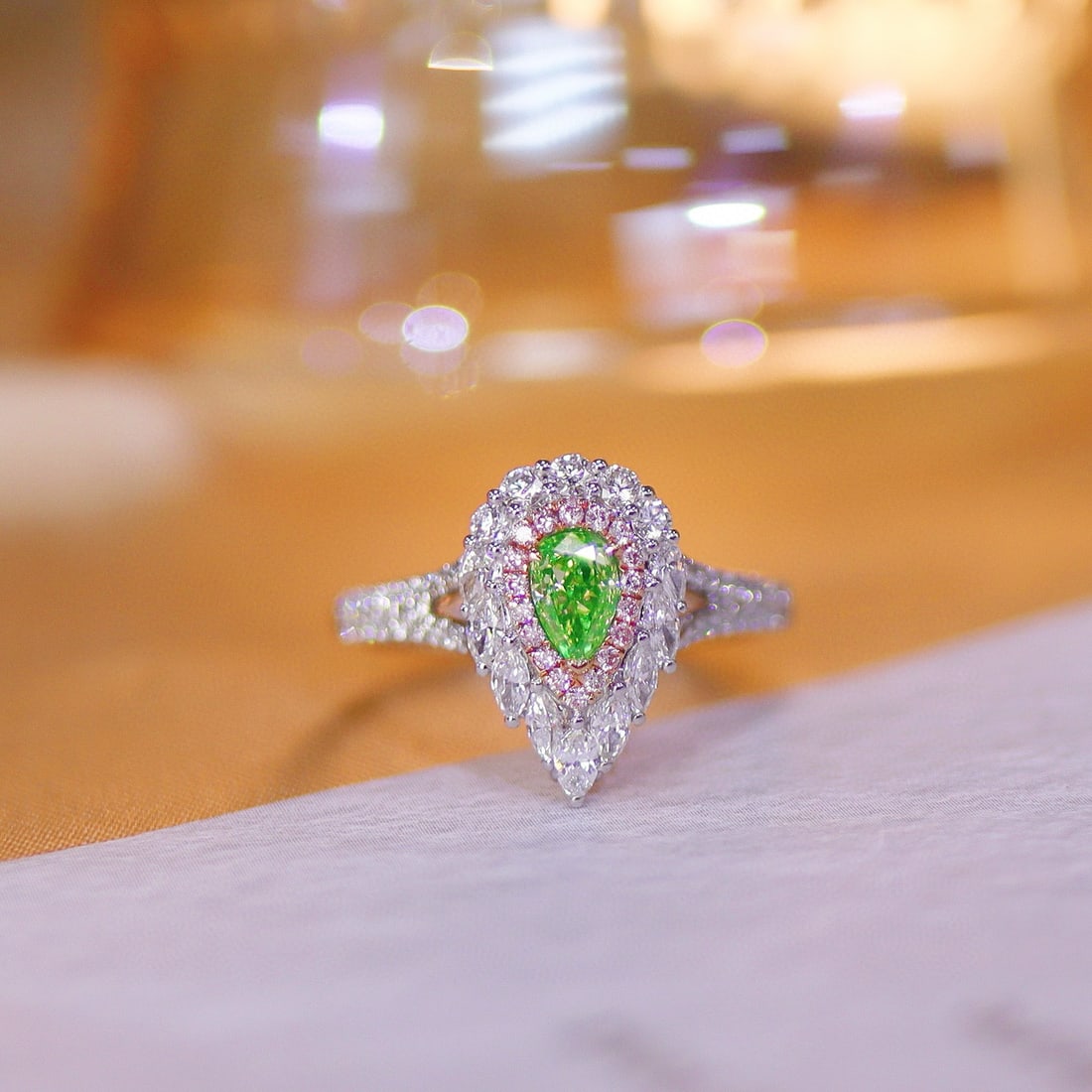 14k Gold 1.06 Ctw Natural Green Diamond & Diamond Ring: Ref:230989253 // gold content:14k gold // ring size:7. 25us // // main gemstone:green diamond // shape:pear // carat weight:0. 35ct // color:green // treatment:natural // cut grade:g // // adjacent