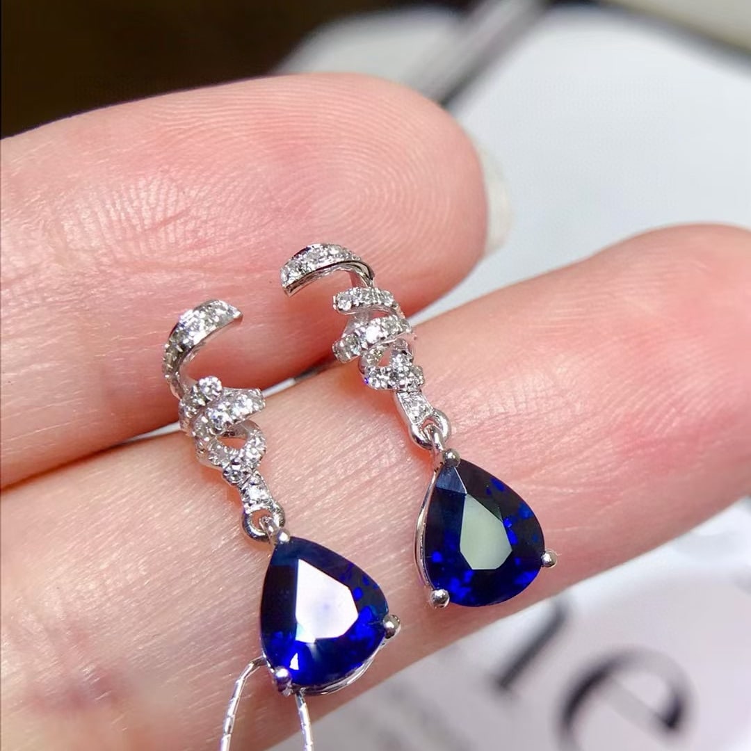 14k Gold 1.8 Ct Natural Sapphire & Diamond Earrings - 2