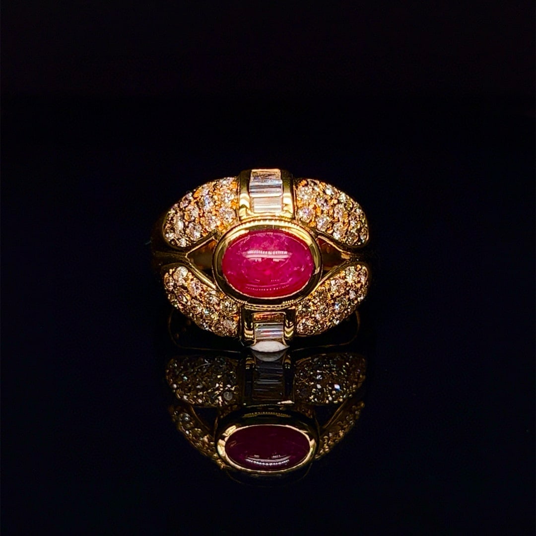 14k Gold 3.39 Ctw Natural Ruby & Diamond Ring: Ref:230990006 // gold content:14k gold // ring size:7. 25us // // main gemstone:ruby // shape:oval // carat weight:2. 4ct // color:red // treatment:natural // // adjacent gemstone 2 : diamond // shape