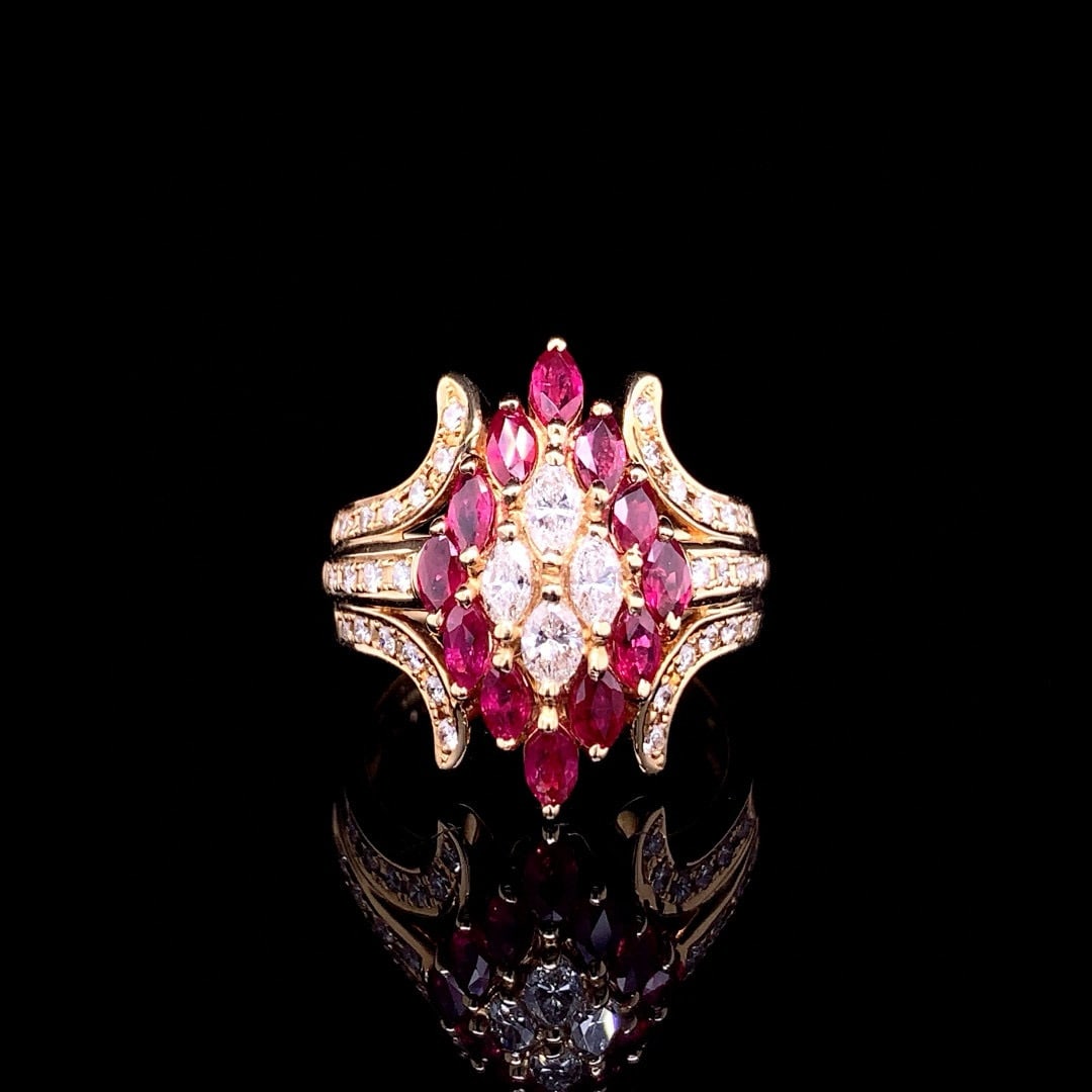 14k Gold 2.39 Ctw Natural Ruby & Diamond Ring: Ref:230990007 // gold content:14k gold // ring size:7. 25us // // main gemstone:ruby // shape:marquise // carat weight:1. 58ct // color:red // treatment:natural // // adjacent gemstone 2 : diamond // 