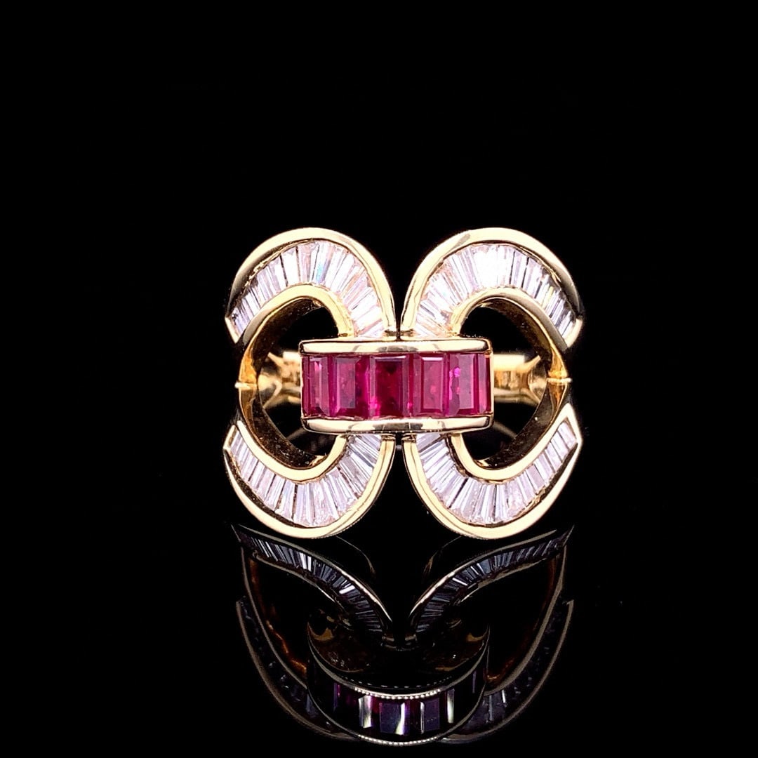 14k Gold 2.40 Ctw Natural Ruby & Diamond Ring: Ref:230990009 // gold content:14k gold // ring size:7. 25us // // main gemstone:ruby // shape:rectangle // carat weight:1. 19ct // color:red // treatment:natural // // adjacent gemstone 2 : diamond //