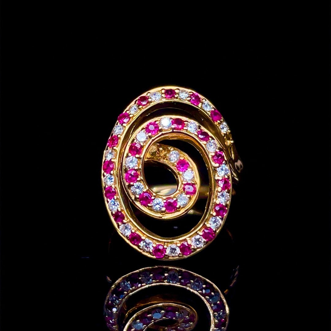 14k Gold 0.95 Ctw Natural Ruby & Diamond Ring: Ref:230990011 // gold content:14k gold // ring size:7. 25us // // main gemstone:ruby // shape:round // carat weight:0. 56ct // color:red // treatment:natural // cut grade:g // // adjacent gemstone 2