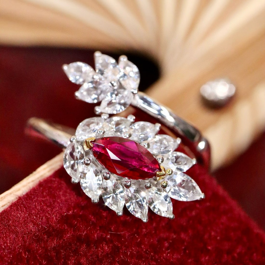 14k Gold 1.69 Ctw Natural Ruby & Sapphire Ring: Ref:230990045 // gold content:14k gold // ring size:7. 25us // // main gemstone:ruby // shape:marquise // carat weight:0. 48ct // color:red // treatment:natural // // adjacent gemstone 2 : sapphire