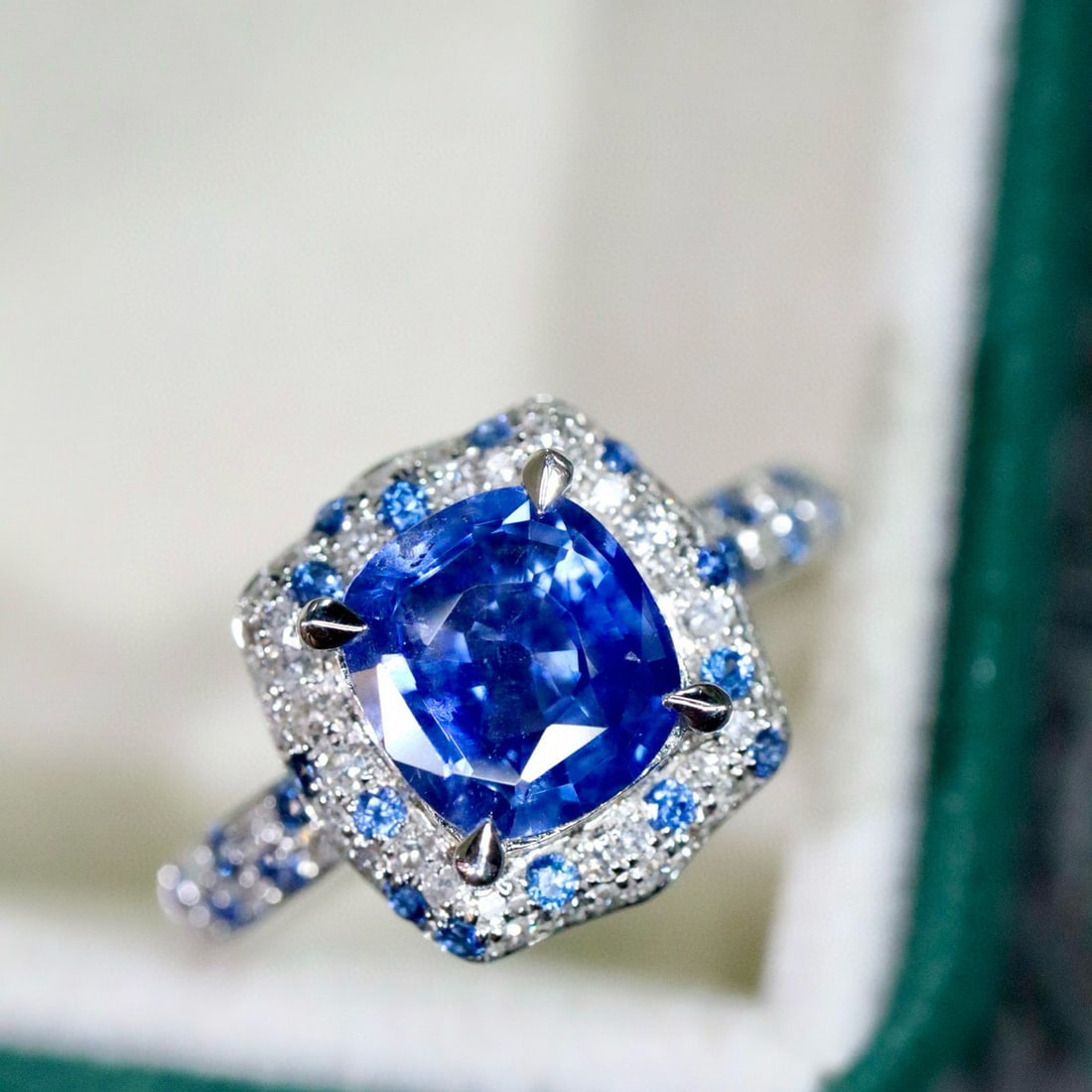 14k Gold 1.79 Ctw Natural Sapphire & Diamond Ring: Ref:230990046 // gold content:14k gold // ring size:7. 25us // // main gemstone:sapphire // shape:cushion // carat weight:1. 54ct // color:cornflower blue // treatment:natural // // adjacent gemstone