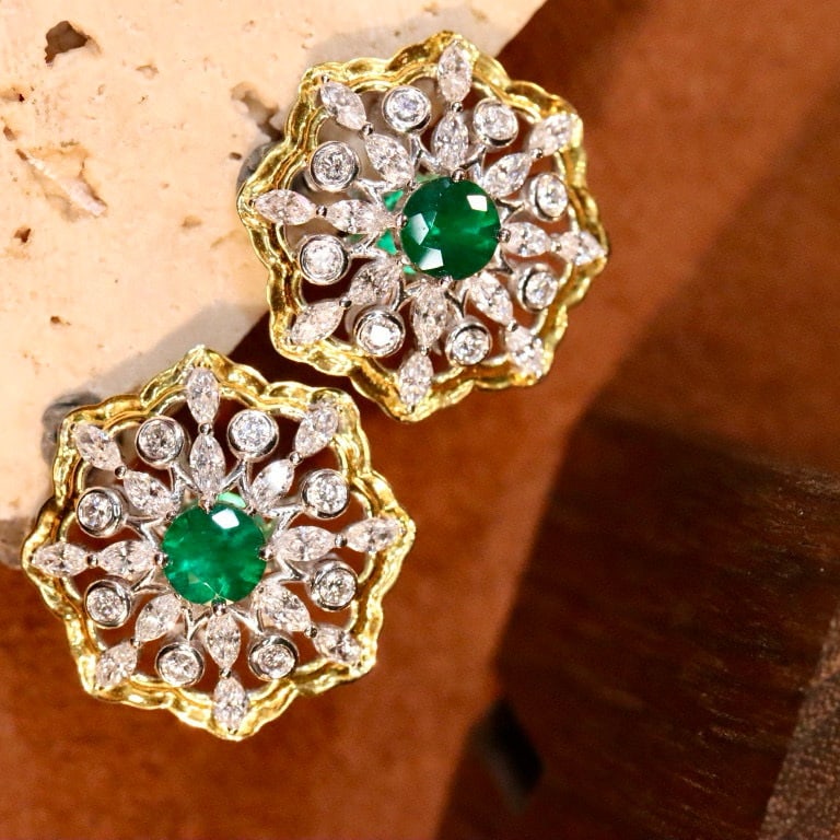14k Gold 2.71 Ctw Vivid Green Natural Emerald & Lab Grown Diamond Earrings - 4