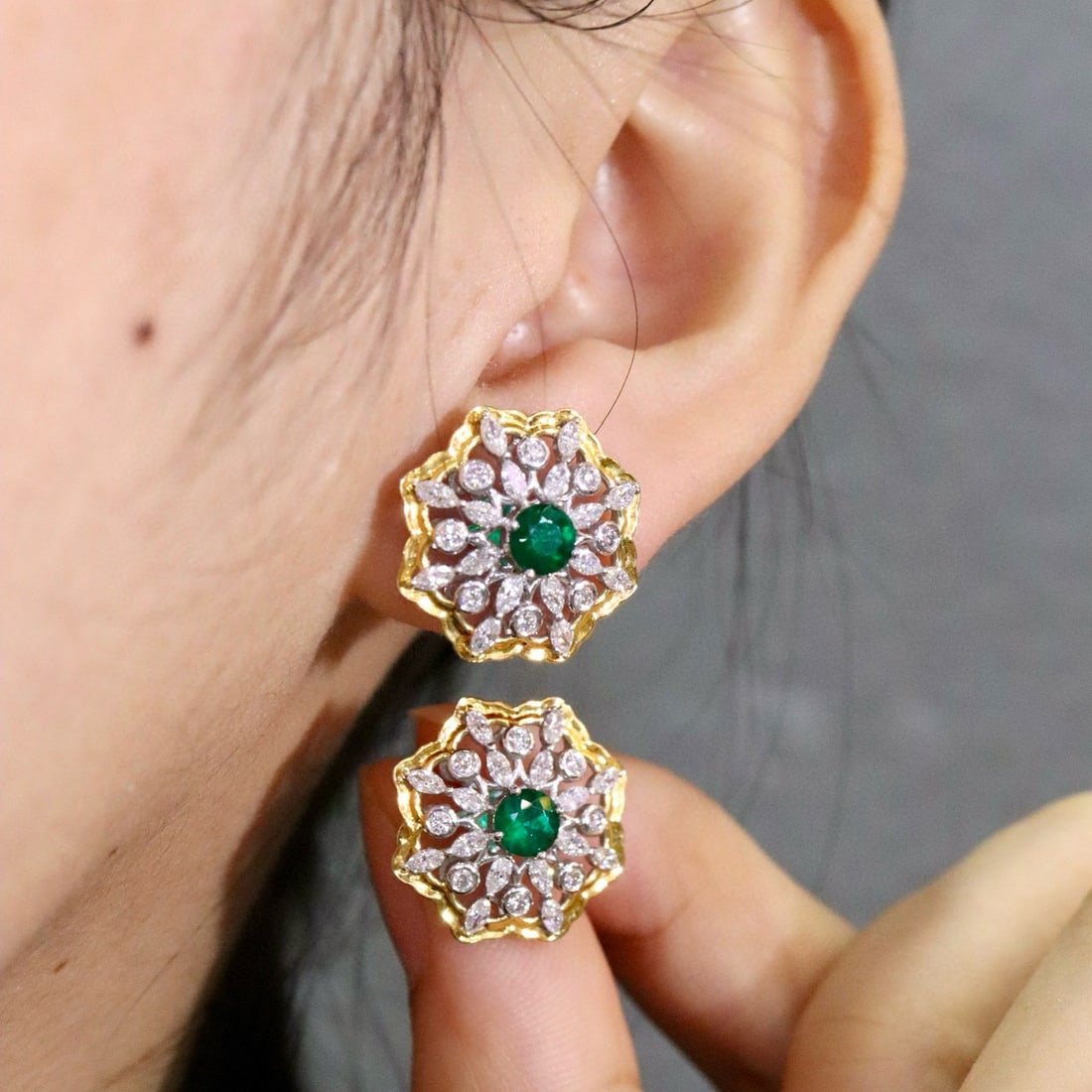 14k Gold 2.71 Ctw Vivid Green Natural Emerald & Lab Grown Diamond Earrings - 5