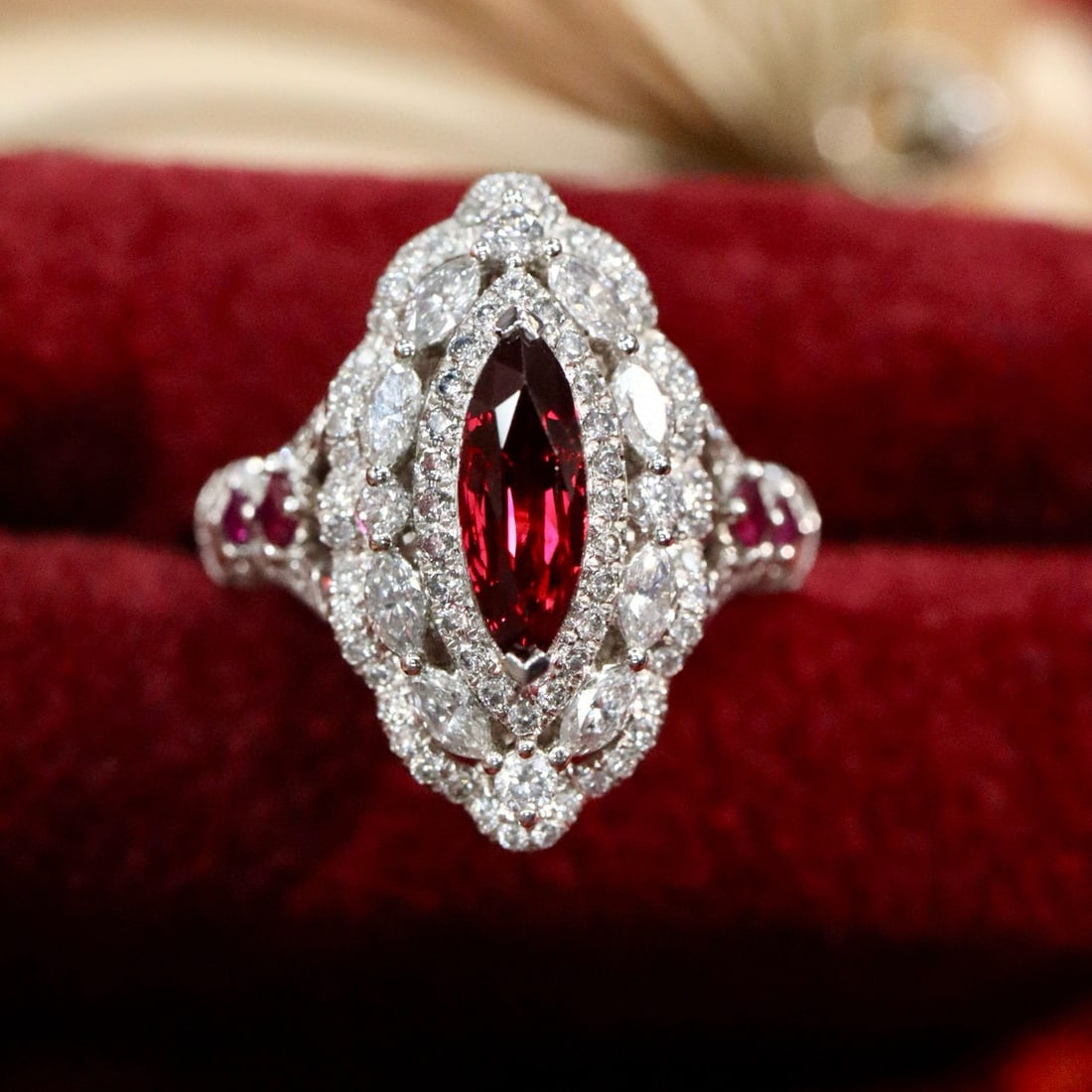 14k Gold 1.91 Ctw Natural Ruby & Diamond Ring/pendant( Without Chain ): Ref:230990049 // gold content:14k gold // ring size:7. 25us // // main gemstone:ruby // shape:marquise // carat weight:0. 88ct // color:pigeonblood red // treatment:natural // // adjacent gemstone 2 :