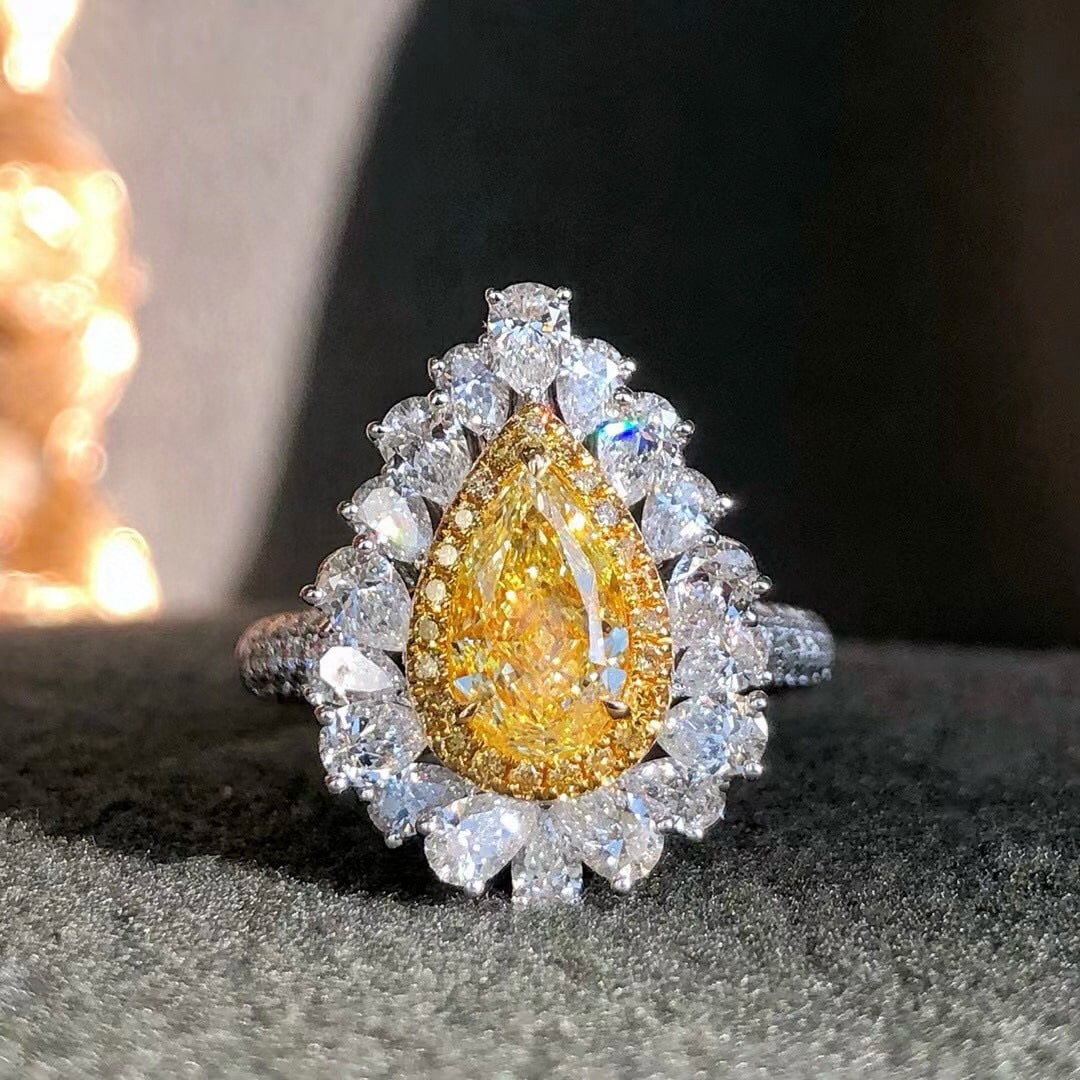 14k Gold 2.63 Ctw Natural Yellow Diamond & Diamond Ring/pendant( Without Chain ): Ref:230990056 // gold content:14k gold // ring size:7. 25us // // main gemstone:yellow diamond // shape:pear // carat weight:1. 11ct // color:yellow // treatment:natural // // adjacent gemstone 2 :