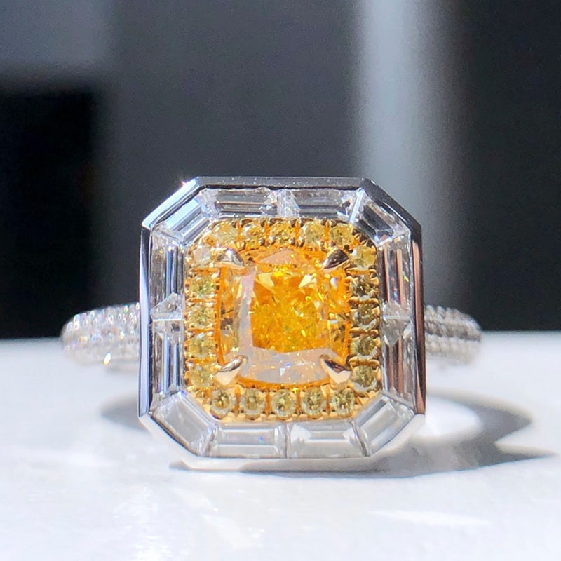 14k Gold 1.98 Ctw Natural Yellow Diamond & Diamond Ring: Ref:230990057 // gold content:14k gold // ring size:7. 25us // // main gemstone:yellow diamond // shape:cushion // carat weight:1. 00ct // color:yellow // treatment:natural // // adjacent gemstone 2 :