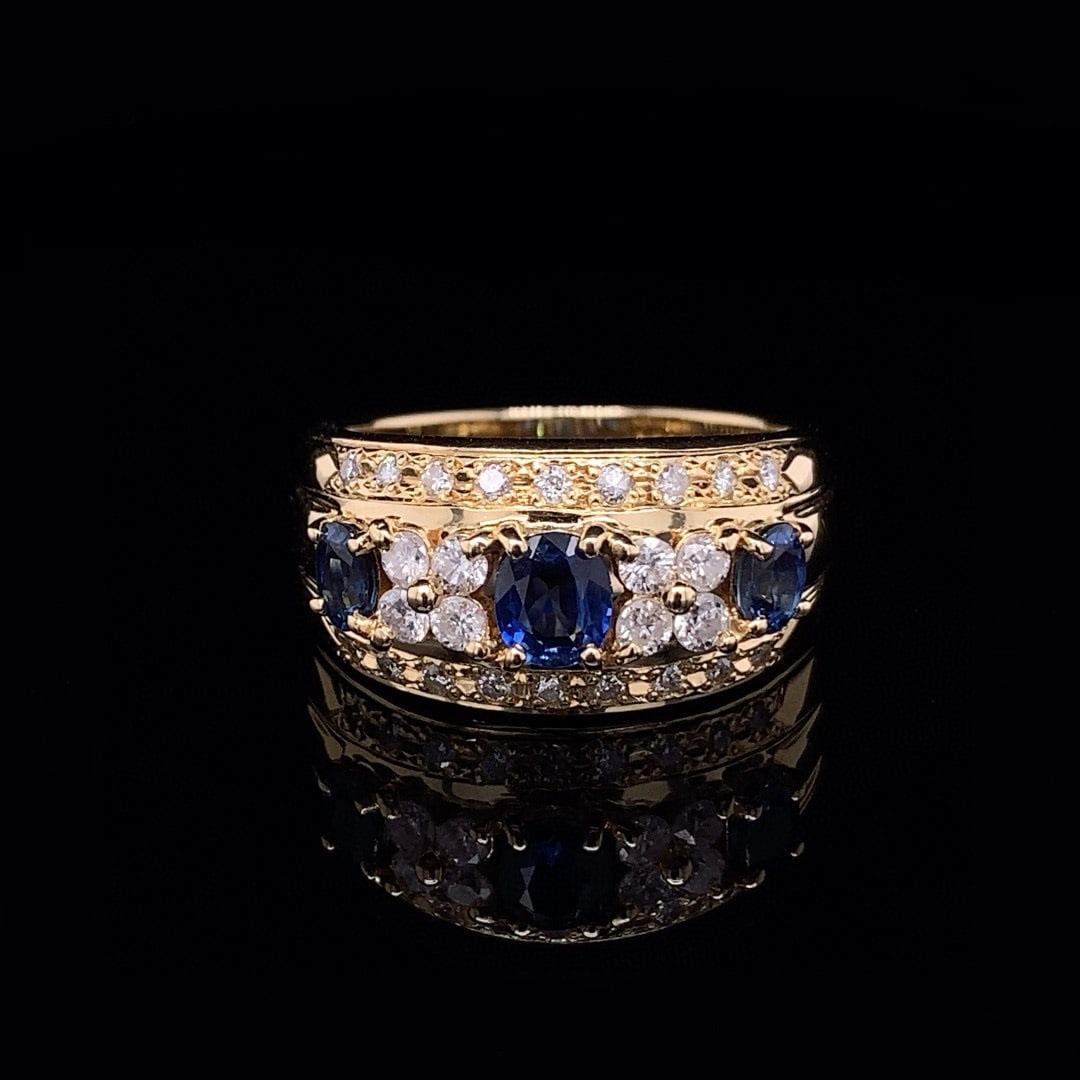 14k Gold 0.92 Ctw Natural Sapphire & Diamond Ring: Ref:230990065 // gold content:14k gold // ring size:7. 25us // // main gemstone:sapphire // shape:oval // carat weight:0. 48ct // color:blue // treatment:natural // // adjacent gemstone 2 : diamond