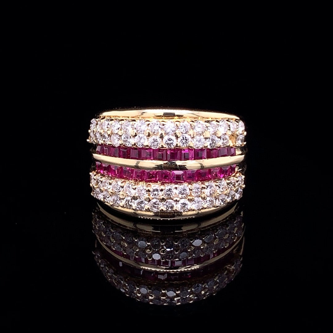 14k Gold 2.28 Ctw Natural Ruby & Diamond Ring: Ref:230990076 // gold content:14k gold // ring size:7. 25us // // main gemstone:ruby // shape:square // carat weight:1. 2ct // color:red // treatment:natural // // adjacent gemstone 2 : diamond // sha