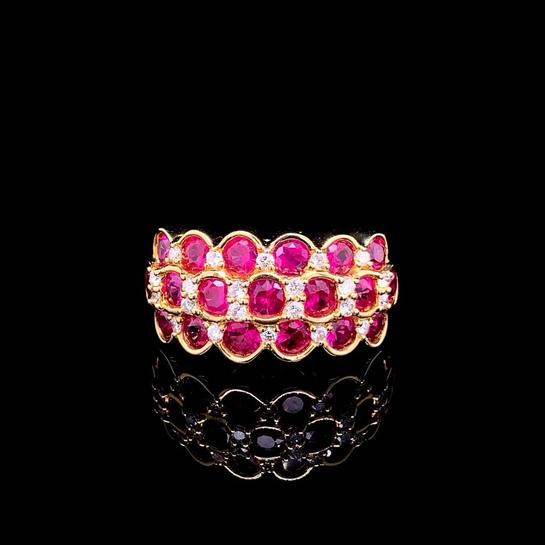 14k Gold 2.76 Ctw Natural Ruby & Diamond Ring: Ref:230990080 // gold content:14k gold // ring size:7. 25us // // main gemstone:ruby // shape:round // carat weight:2. 56ct // color:red // treatment:natural // cut grade:g // // adjacent gemstone 2 :