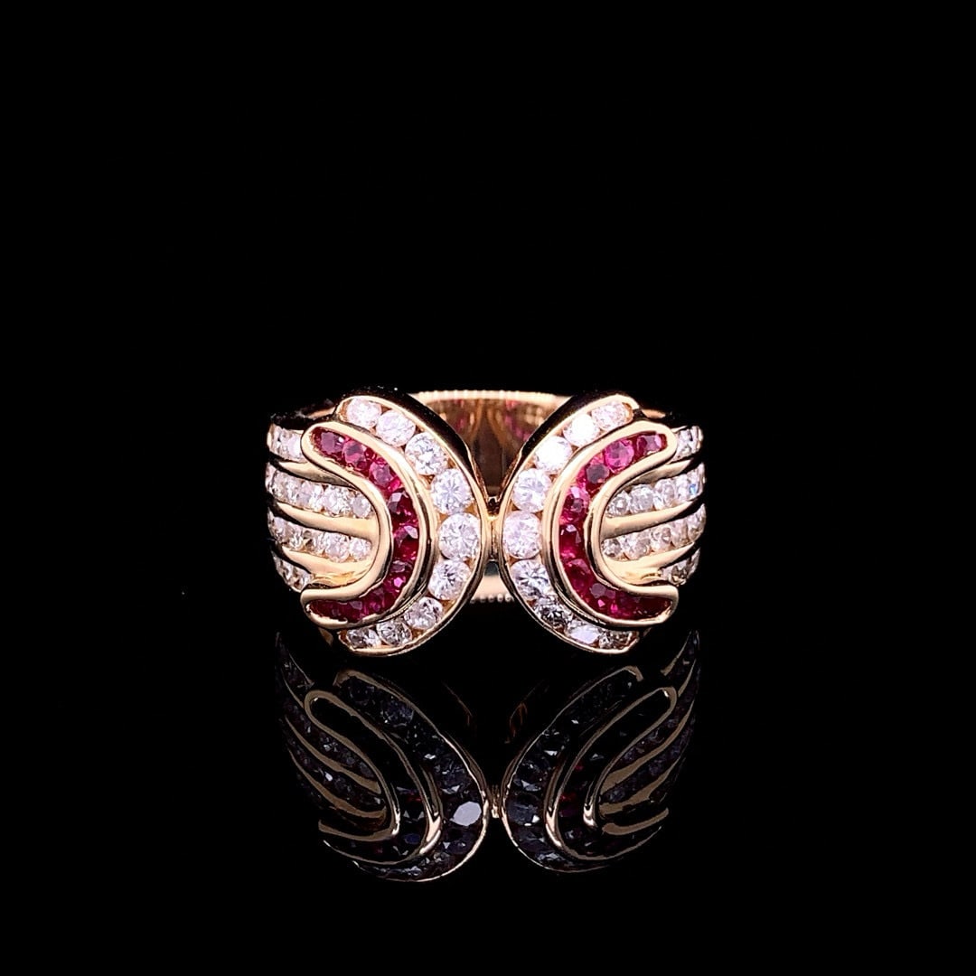 14k Gold 1.41 Ctw Natural Ruby & Diamond Ring: Ref:230990081 // gold content:14k gold // ring size:7. 25us // // main gemstone:ruby // shape:round // carat weight:0. 43ct // color:red // treatment:natural // cut grade:g // // adjacent gemstone 2