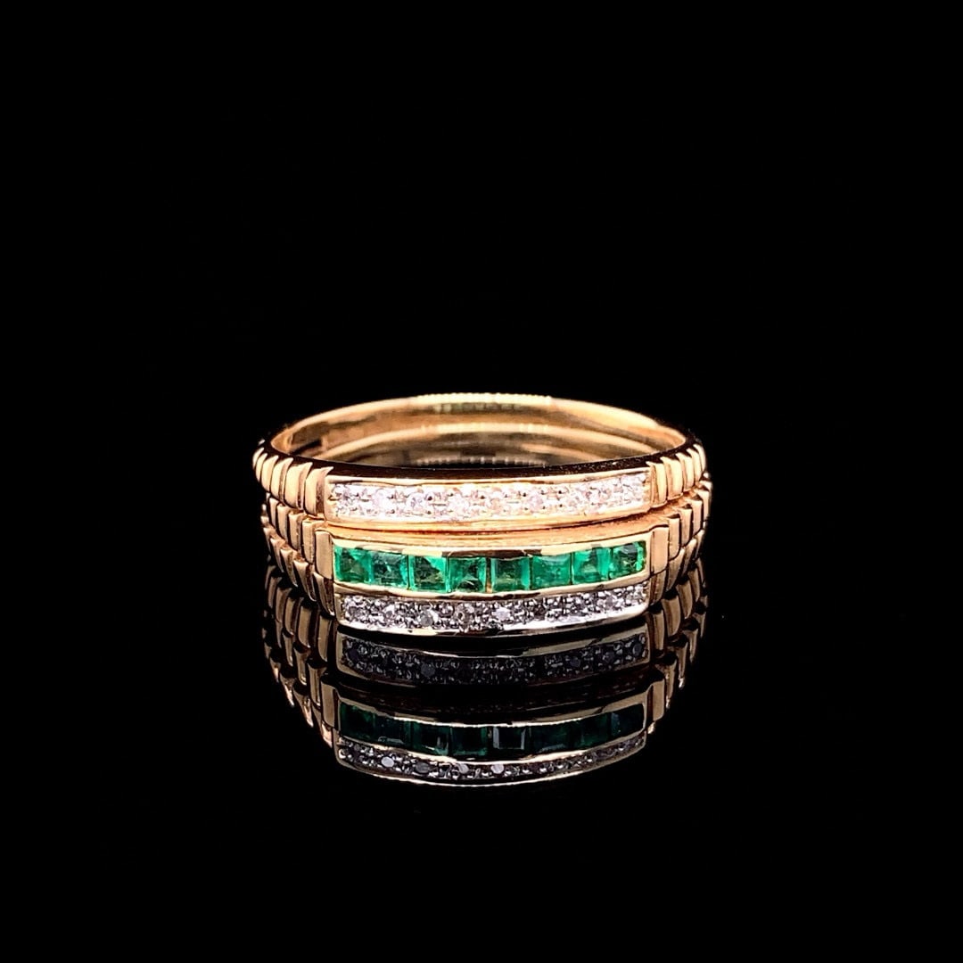 14k Gold 0.50 Ctw Vivid Green Natural Emerald & Diamond Ring: Ref:230990096 // gold content:14k gold // ring size:7. 25us // // main gemstone:emerald // shape:square // carat weight:0. 40ct // color:vivid green // treatment:natural // // adjacent gemstone 2 :