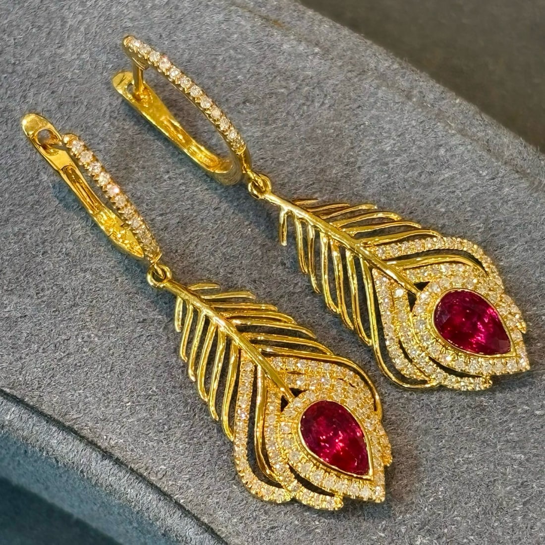 14k Gold 0.88 Ct Natural Ruby & Diamond Earrings - 2