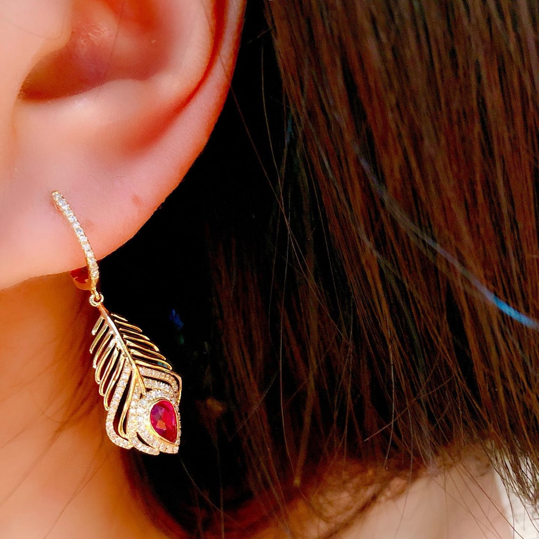 14k Gold 0.88 Ct Natural Ruby & Diamond Earrings - 7