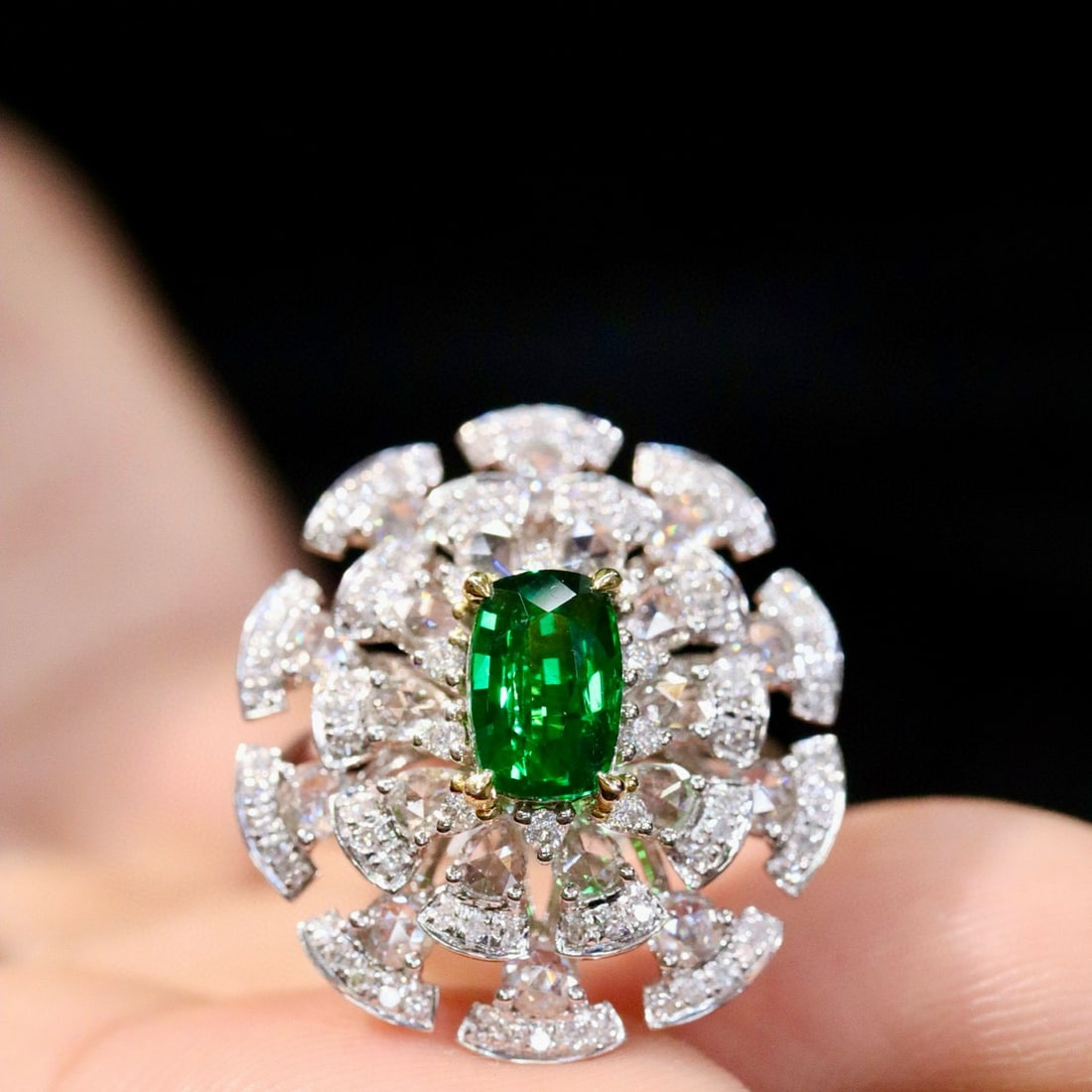 14k Gold 2.12 Ctw Vivid Green Natural Tsavorite & Diamond Ring: Ref:230990099 // gold content:14k gold // ring size:7. 25us // // main gemstone:tsavorite // shape:cushion // carat weight:1. 33ct // color:vivid green // treatment:natural // // adjacent gemstone 2
