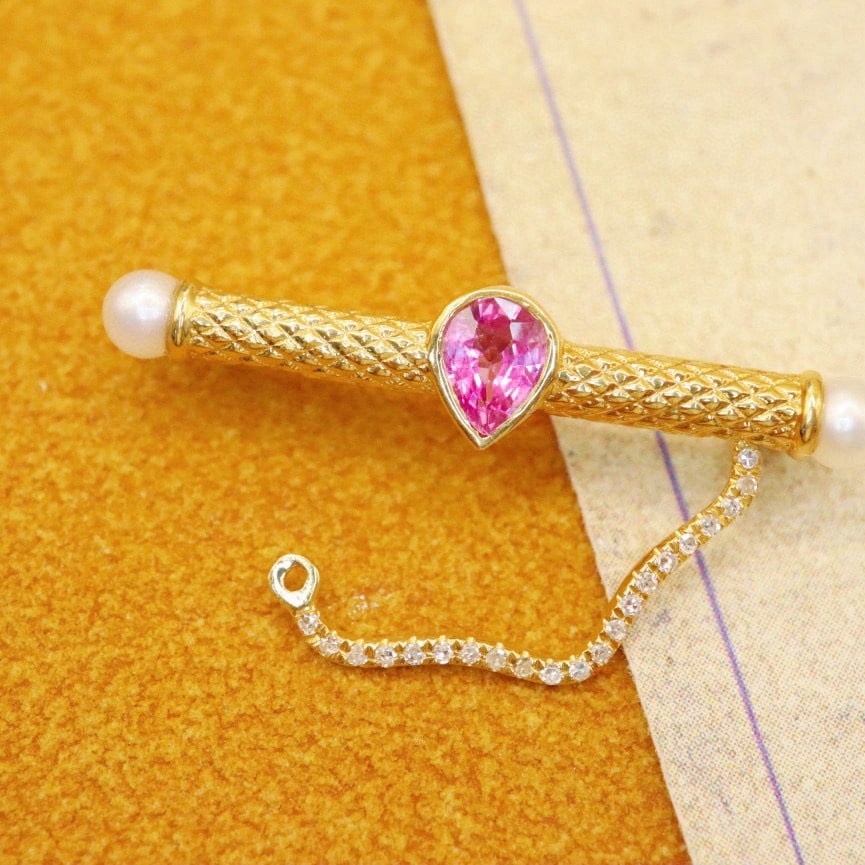 14k Gold 0.46 Ctw Natural Sapphire & Diamond Brooch - 4