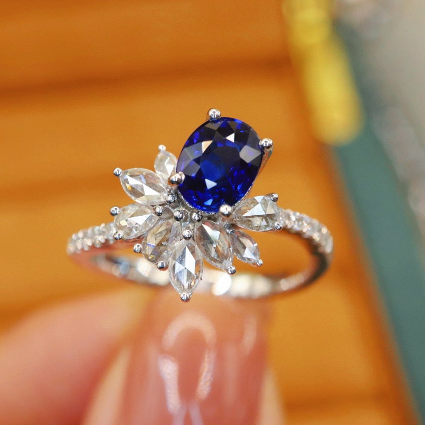 14k Gold 1.55 Ctw Natural Sapphire & Diamond Ring: Ref:230990119 // gold content:14k gold // ring size:7. 25us // // main gemstone:sapphire // shape:oval // carat weight:1. 15ct // color:royal blue // treatment:natural // // adjacent gemstone 2 :