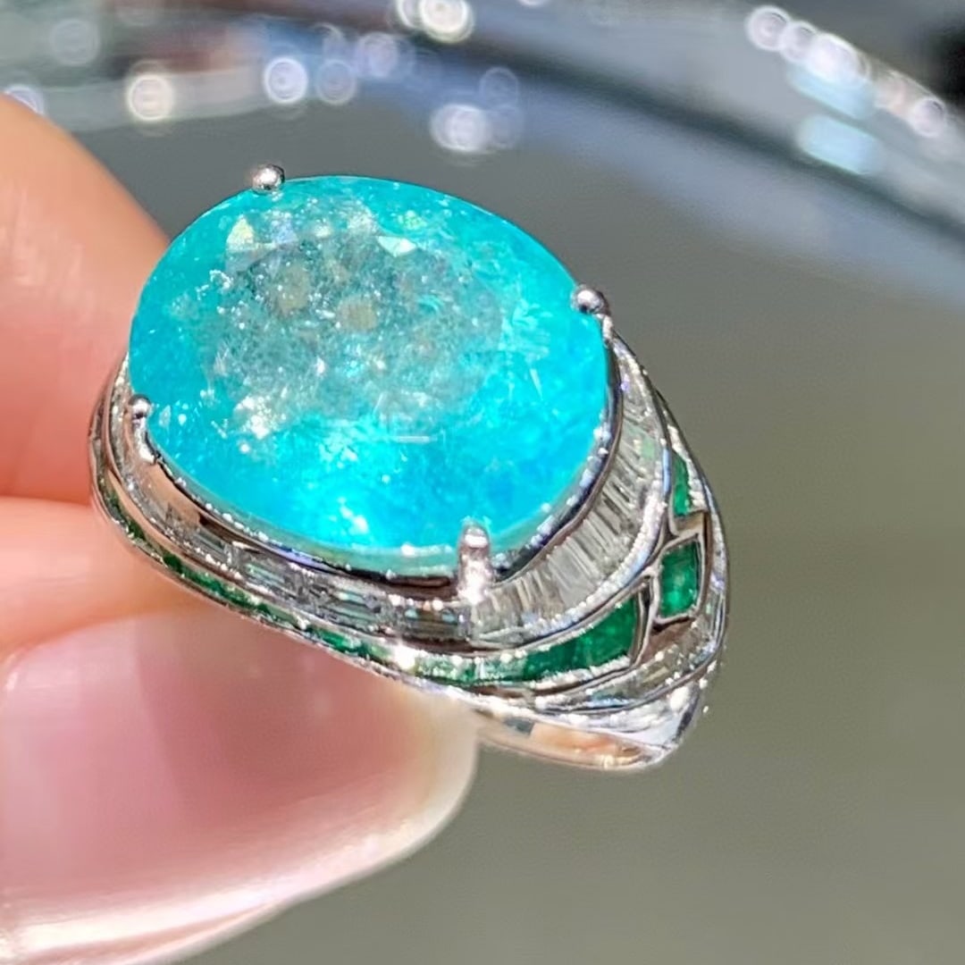 14k Gold 6.88 Ct Natural Paraiba Tourmaline & Diamond & Emerald Ring - 2