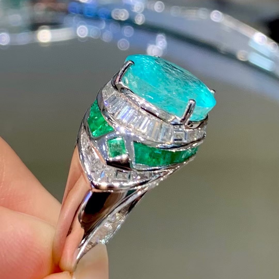 14k Gold 6.88 Ct Natural Paraiba Tourmaline & Diamond & Emerald Ring - 3