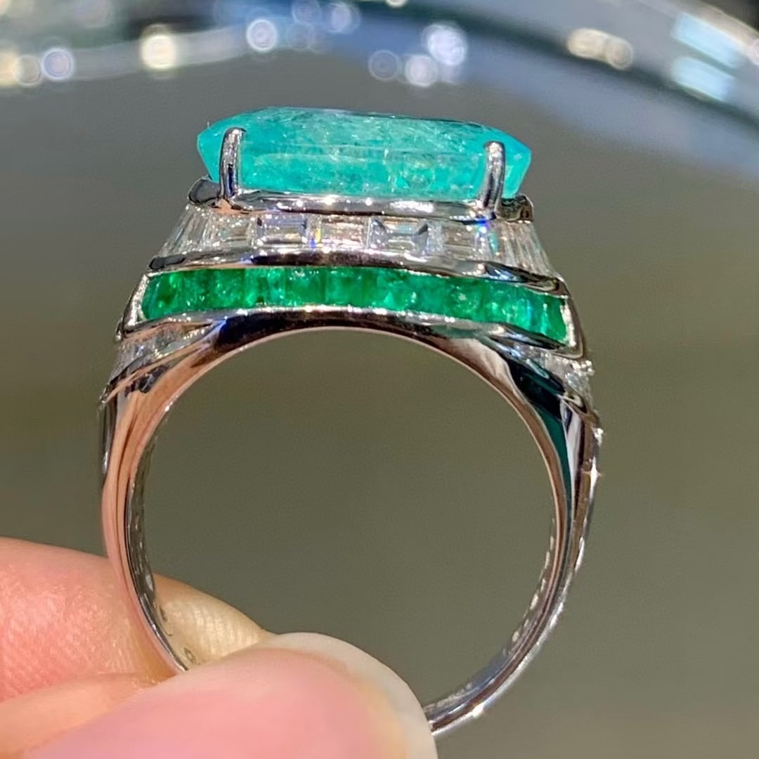 14k Gold 6.88 Ct Natural Paraiba Tourmaline & Diamond & Emerald Ring - 4