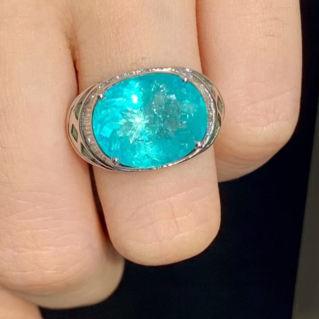 14k Gold 6.88 Ct Natural Paraiba Tourmaline & Diamond & Emerald Ring - 5