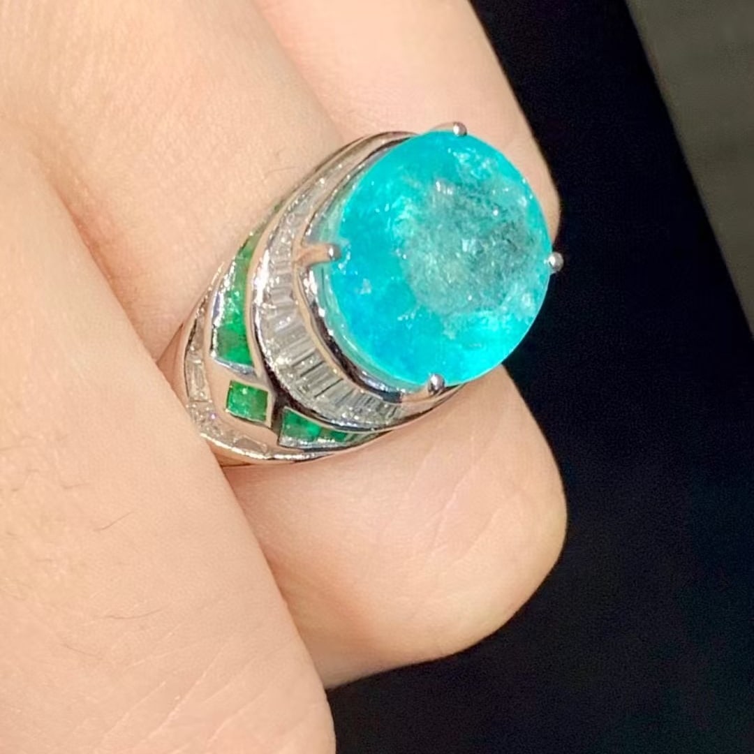 14k Gold 6.88 Ct Natural Paraiba Tourmaline & Diamond & Emerald Ring - 6
