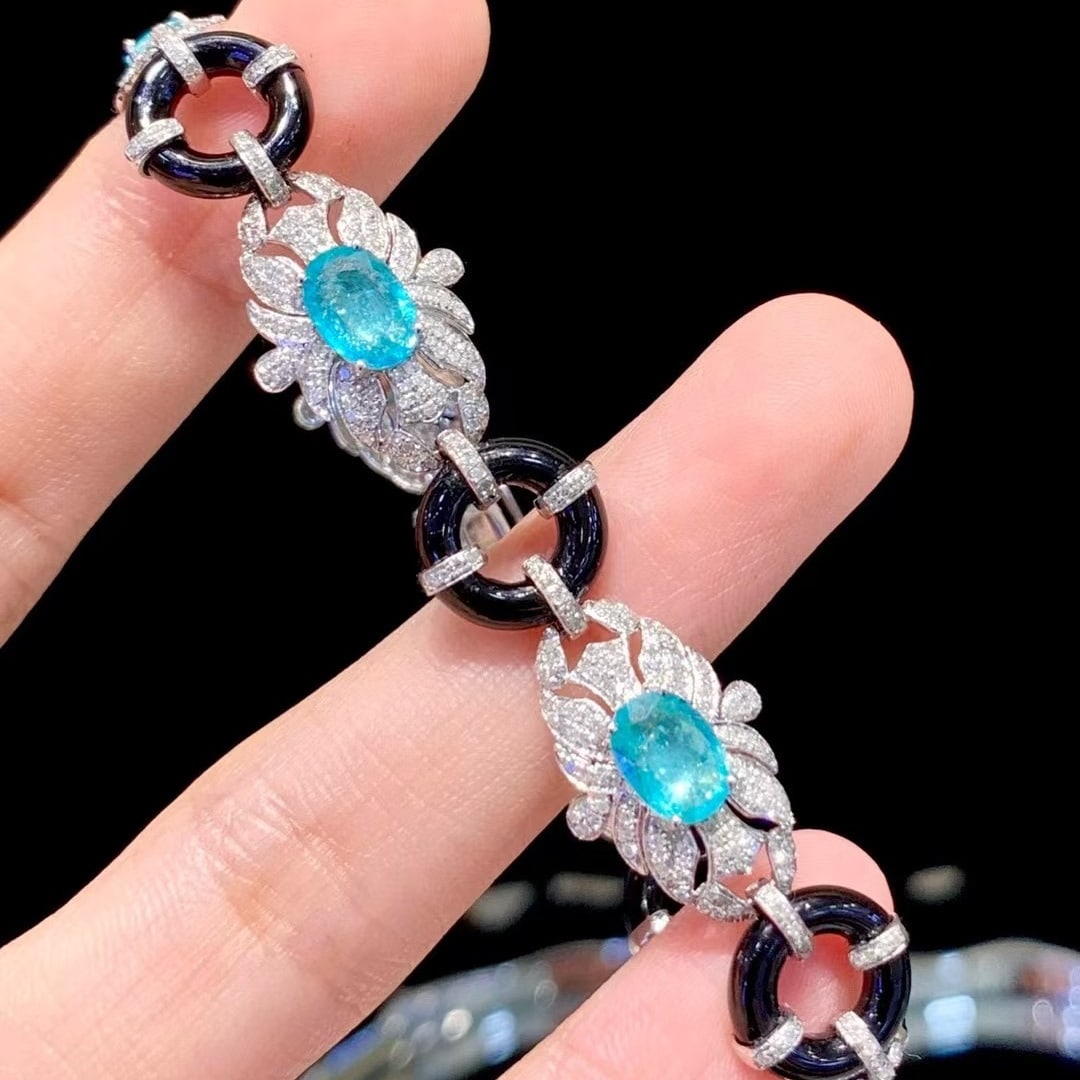 14k Gold 5.2 Ct Natural Paraiba Tourmaline & Diamond Bracelet - 2