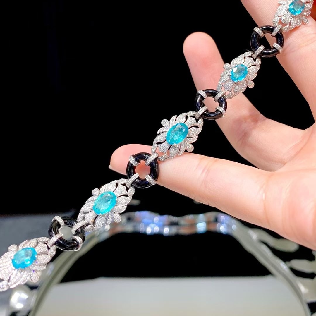 14k Gold 5.2 Ct Natural Paraiba Tourmaline & Diamond Bracelet - 4