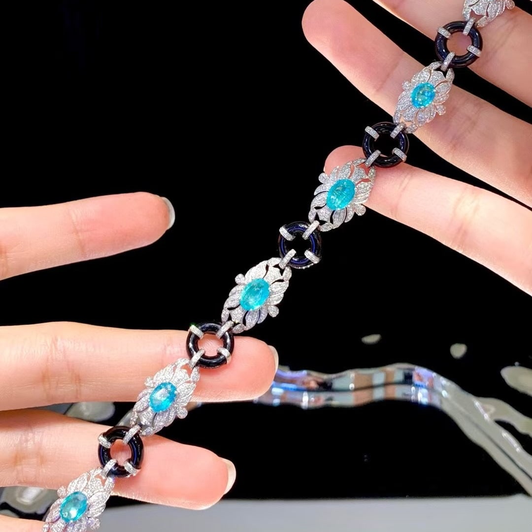 14k Gold 5.2 Ct Natural Paraiba Tourmaline & Diamond Bracelet - 5
