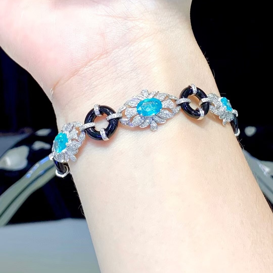 14k Gold 5.2 Ct Natural Paraiba Tourmaline & Diamond Bracelet - 6