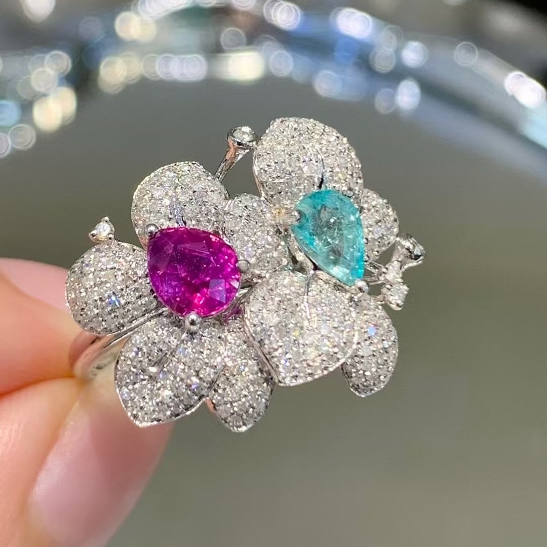 14k Gold 1.5 Ct Natural Paraiba Tourmaline & Sapphire & Diamond Ring: Ref:230990127 // gold content:14k gold // ring size:7. 25us // // main gemstone:paraiba tourmaline & sapphire // shape:pear // carat weight:1. 5ct // color:blue & purple // treatment:natural // //