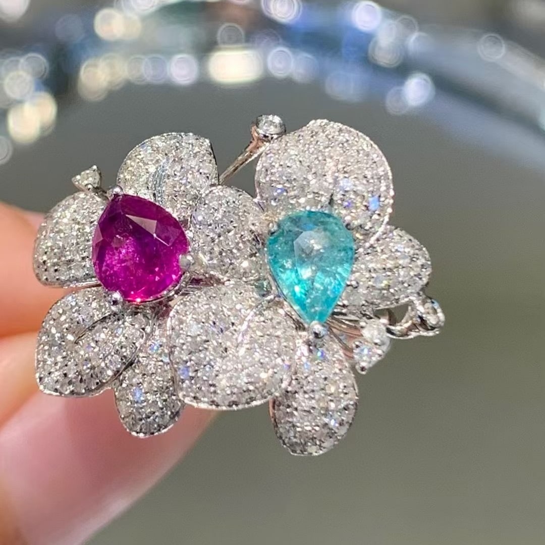 14k Gold 1.5 Ct Natural Paraiba Tourmaline & Sapphire & Diamond Ring - 2
