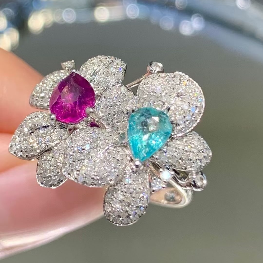 14k Gold 1.5 Ct Natural Paraiba Tourmaline & Sapphire & Diamond Ring - 3